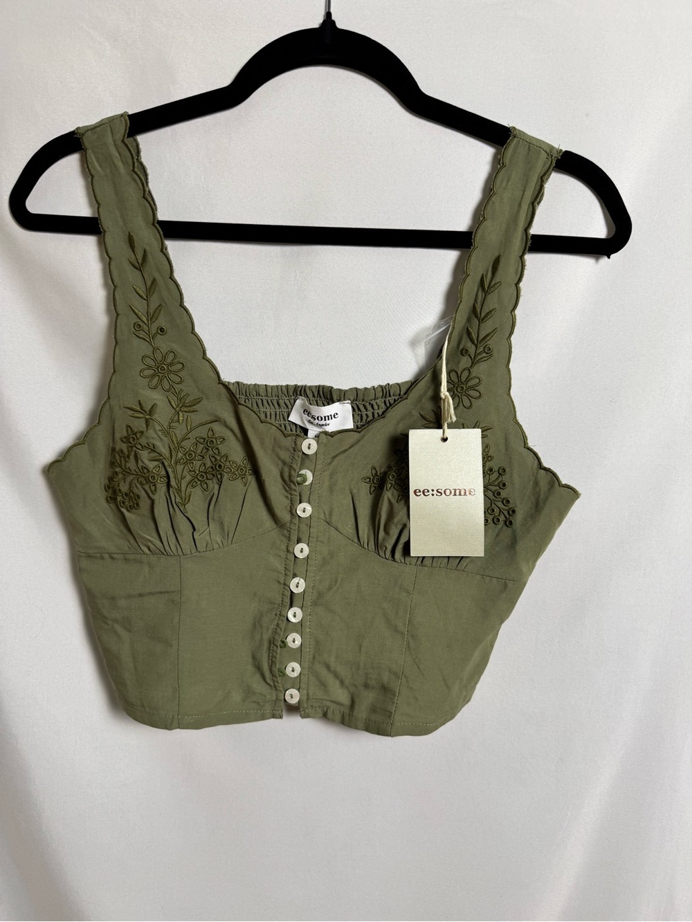 eesome Embroidered Crop Top Olive Green Smocked Button Front Size M